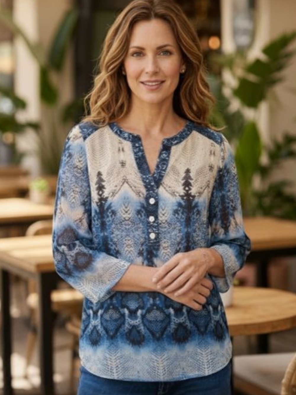 Figuero & flower Blue Printed Henley Tunic Top for Women Small (SKU 0062)